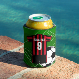 Personalized Soccer Jersey Red and Black Stripes Can Cooler