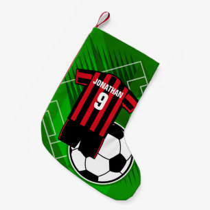 Personalized Soccer Jersey Red and Black Stripes Small Christmas Stocking