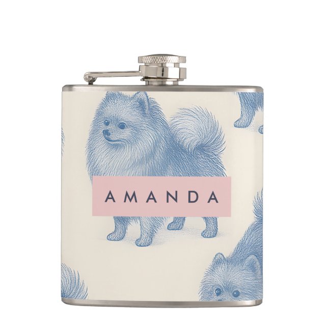 Personalized Soft and Cute Pomeranian Pattern Hip Flask (Front)