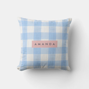 Personalized Soft Pastel Sky Blue Gingham Cushion