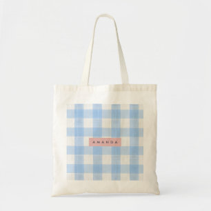 Personalized Soft Pastel Sky Blue Gingham Tote Bag