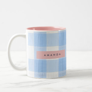 Personalized Soft Pastel Sky Blue Gingham Two-Tone Coffee Mug