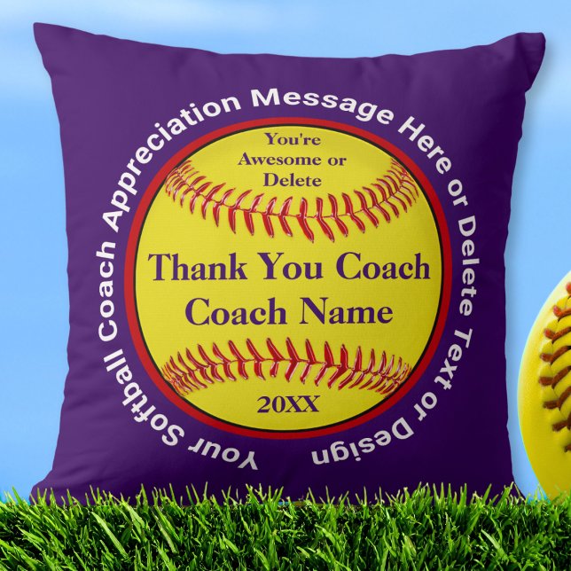 Personalized Softball Coach Gifts Purple Any Color Cushion (Softball pillows. Personalized softball coach gift ideas. Purple and white, softball coach gifts.)