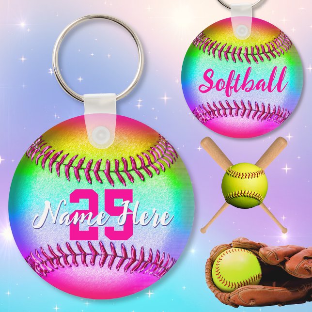 PERSONALIZED Softball Keychains, with Name, Number Key Ring (Cheap softball gifts. Softball party favors. End of softball season gifts. Softball birthday Ideas.)