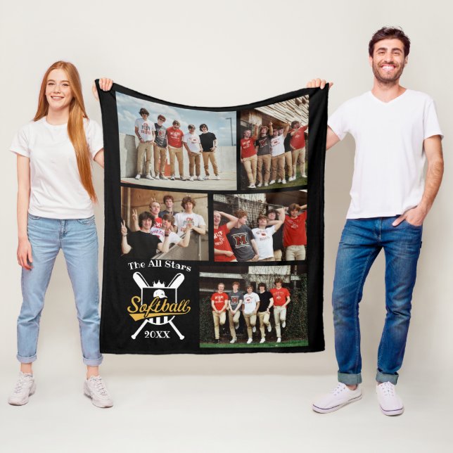 Personalized Softball Photo Collage Name Team # Fleece Blanket (In Situ)