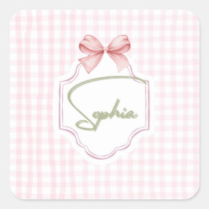 Personalized Sophia Baby Girl Nursery Bow&Gingham  Square Sticker