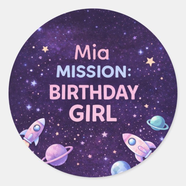 Personalized Space Birthday Girl Party Sticker (Front)