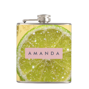 Personalized Sparkle Lime Slice Glitter Citrus  Hip Flask