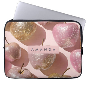 Personalized Sparkling Pink and Gold Apple Pop Art Laptop Sleeve