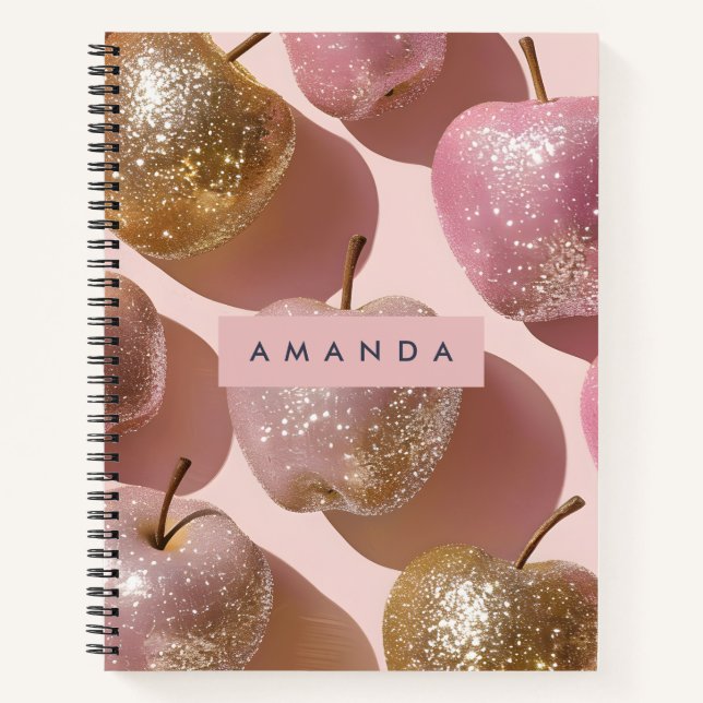 Personalized Sparkling Pink and Gold Apple Pop Art Notebook (Front)