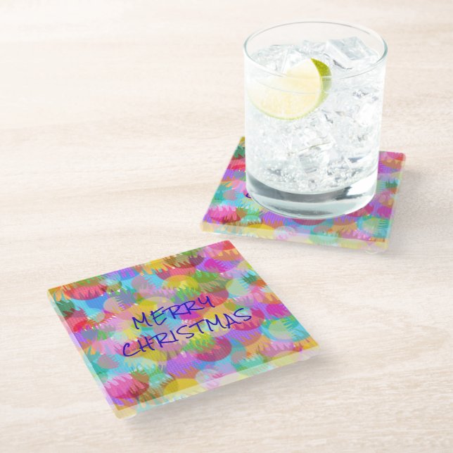 PERSONALIZED SPARKLY COLORED MERRY CHRISTMAS GLASS COASTER (Angled)