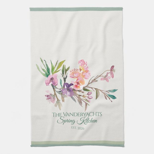 Personalized Spring Floral Watercolor Botanical Tea Towel (Vertical)