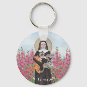 Personalized St Gertrude Patron of Cats Watercolor Key Ring