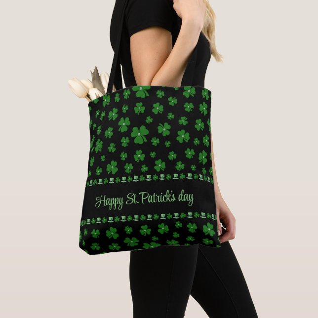 Personalized St. Patrick’s Day Shamrock on Black Tote Bag (Close Up)