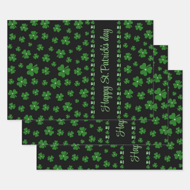 Personalized St. Patrick’s Day Shamrock on Black Wrapping Paper Sheet (Set)