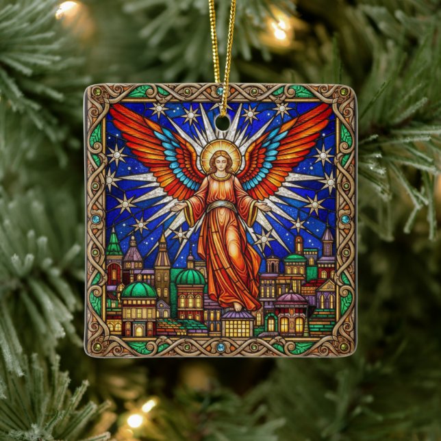 Personalized Stained Glass Archangel Jerusalem  Ceramic Ornament (Tree)