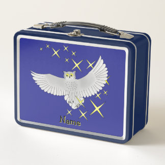 Personalized Star Owl Blue Background Metal Lunch Box