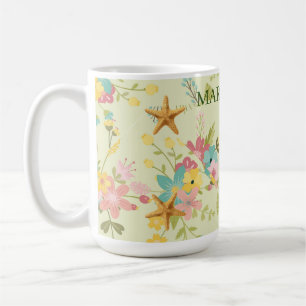 Personalized Starfish Pink Yellow Green Florals Coffee Mug