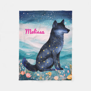 Personalized Starry Night Wolf in Wildflowers Flee Fleece Blanket
