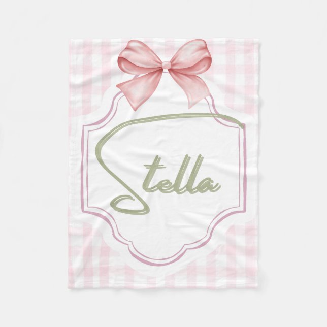 Personalized Stella Baby Girl Nursery Bow&Gingham Fleece Blanket (Front)