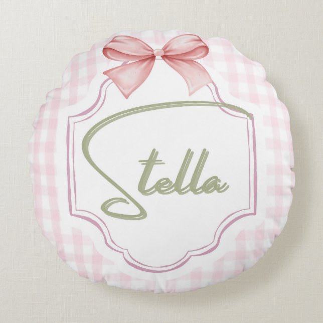 Personalized Stella Baby Girl Nursery Bow&Gingham Round Cushion (Front)