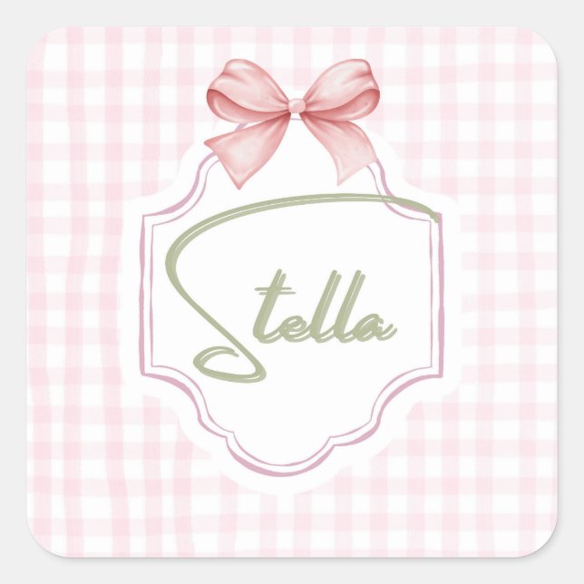 Personalized Stella Baby Girl Nursery Bow&Gingham Square Sticker (Front)