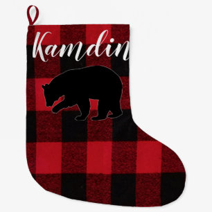 Personalized Stocking Red Buffalo Plaid Bear Black