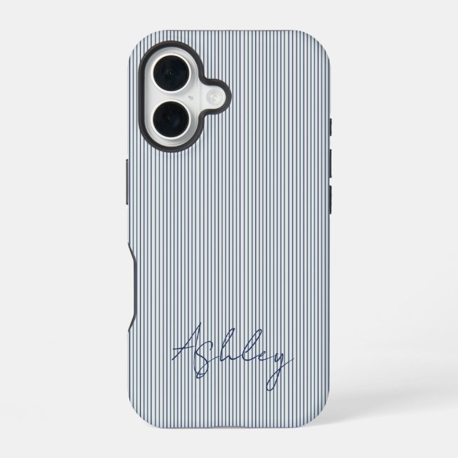 Personalized Striped Blue Tones Minimalist Chic iPhone 16 Case (Back)