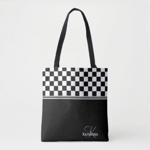 Personalized stylish black and white check tote bag
