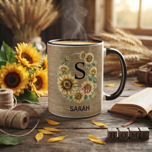 Personalized Sunflower Burlap Pattern Farmhouse Mug (Creator Uploaded)