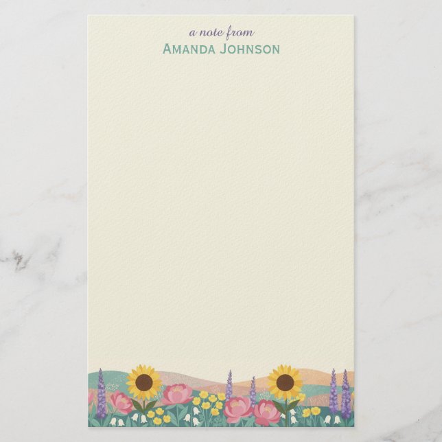 Personalized Sunflower Flower Field Custom Name Stationery (Front)