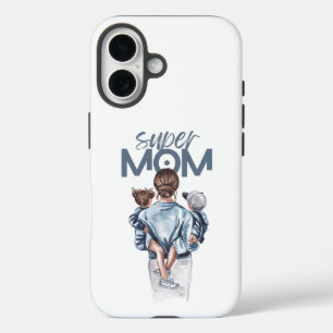 Personalized Super Mom with Son and Daughter Gift iPhone 16 Case