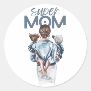 Personalized Super Mom with Son and Daughter Gift Classic Round Sticker