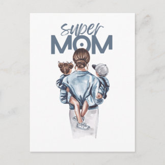 Personalized Super Mom with Son and Daughter Gift Invitation Postcard