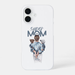 Personalized Super Mom with Son and Daughter Gift iPhone 16 Case