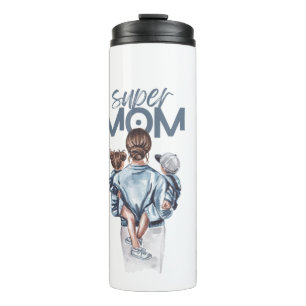Personalized Super Mom with Son and Daughter Gift Thermal Tumbler