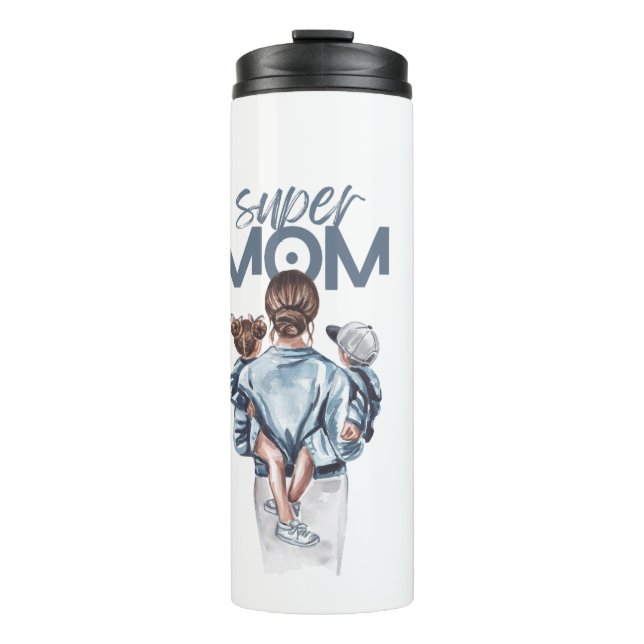Personalized Super Mom with Son and Daughter Gift Thermal Tumbler (Front)