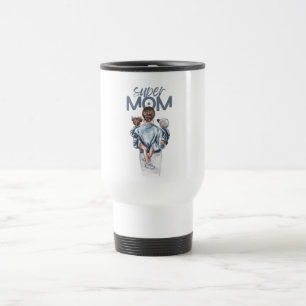 Personalized Super Mom with Son and Daughter Gift Travel Mug
