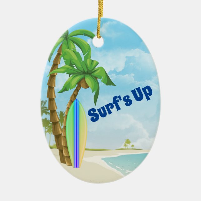 Personalized Surfboard Beach Surfing Christmas Ceramic Tree Decoration (Front)
