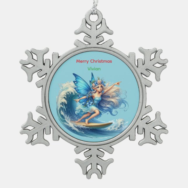 Personalized Surfer Fairy Christmas Snowflake  Snowflake Pewter Christmas Ornament (Front)