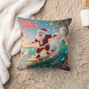 Personalized Surfing Santa Tropical Christmas Cushion