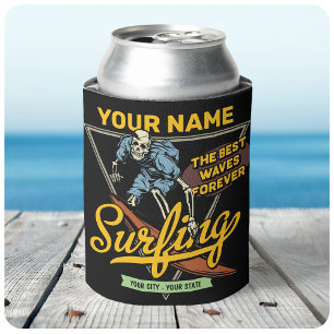 Personalized Surfing Skeleton Ride Waves Surfer  Can Cooler