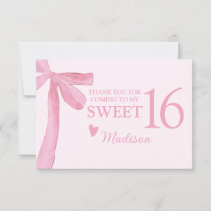 Personalized Sweet 16 Birthday Coquette Pink Bow  Thank You Card
