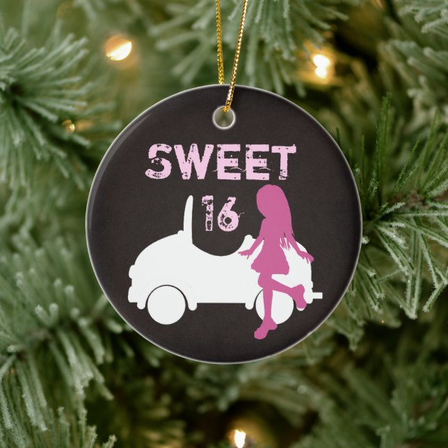 Personalized Sweet 16 Girl and Car, Pink Christmas Ceramic Tree Decoration (Tree)