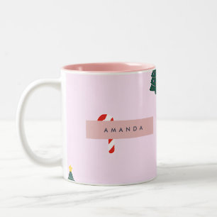 Personalized Sweet Christmas Tree & Candy Cane Two-Tone Coffee Mug