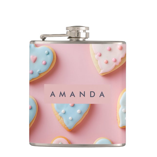 Personalized Sweet Pastel Heart Cookie Hip Flask (Front)