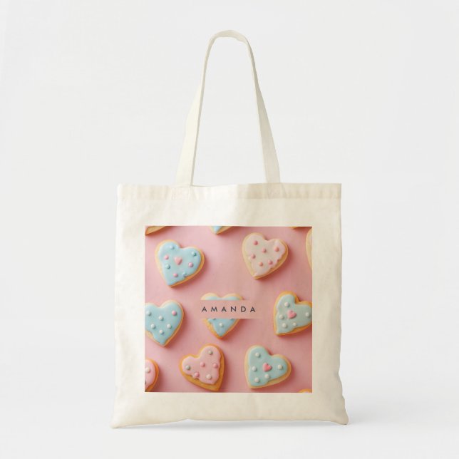 Personalized Sweet Pastel Heart Cookie Tote Bag (Front)