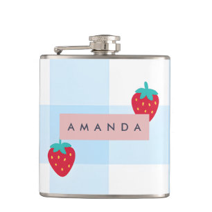 Personalized Sweet Strawberry Gingham Blue Hip Flask