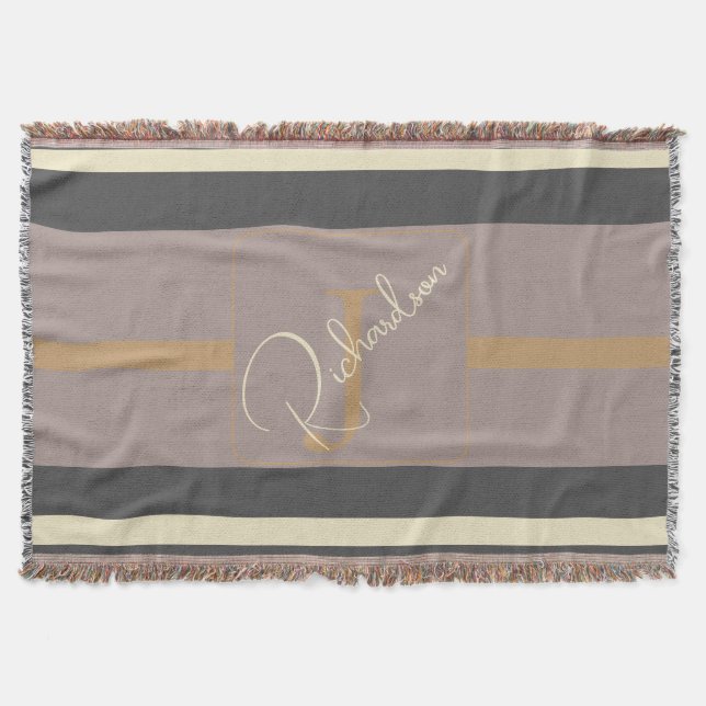 Personalized Taupe Gold Stripe Modern Neutral Chic Throw Blanket (Front)