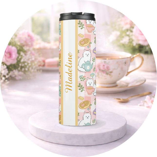 Personalized Tea Book Cat Girl Cute Pastel Pink  Thermal Tumbler (Creator Uploaded)